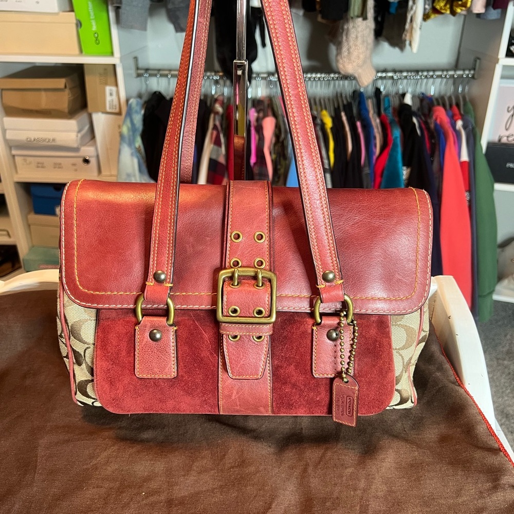 Coach Red and Brown Suede Handbag